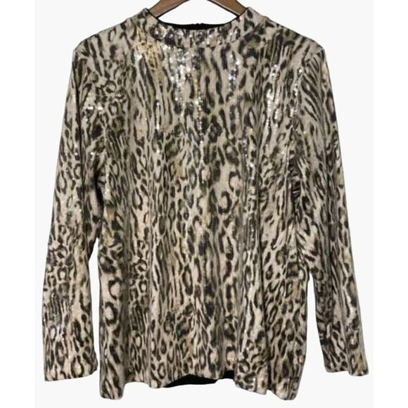 Chico's Cheetah Print Sequin Mock Long Sleeve Sparkle Top Women's Size Small Chi - Picture 2 of 7